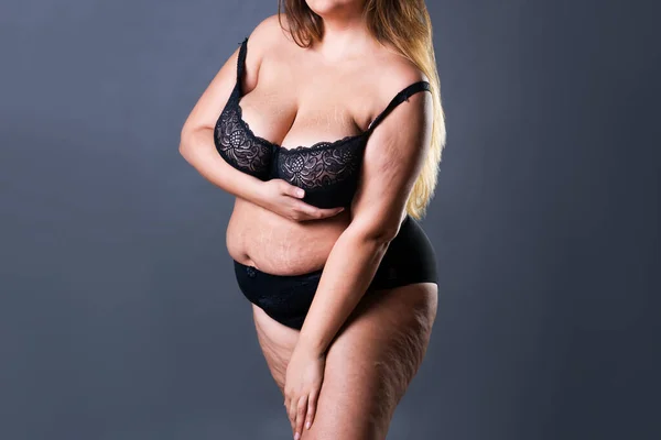 Size Sexy Model Black Lingerie Fat Woman Gray Studio Background — Stock Photo, Image