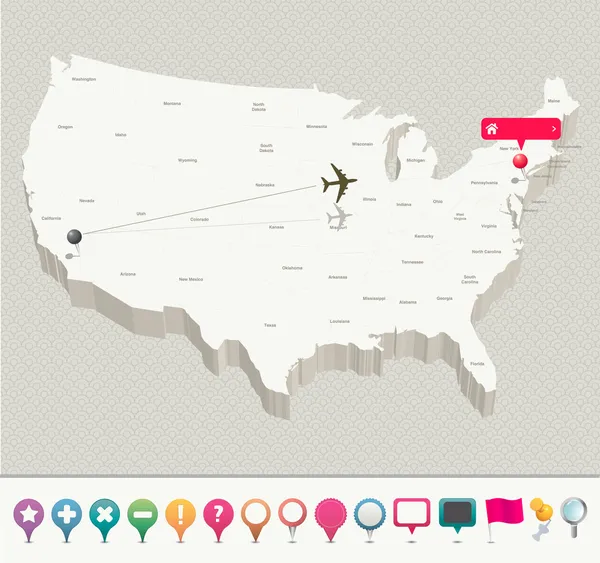 Mapa 3D USA con Pins — Vector de stock