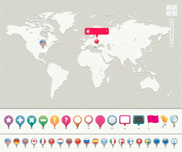 Παγκόσμιος χάρτης με καρφίτσες — Διανυσματικό Αρχείο