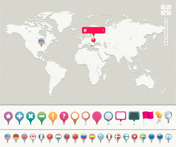 Mapa del mundo con pines — Archivo Imágenes Vectoriales