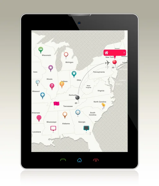 Tableta digital con pines de mapa Vector De Stock