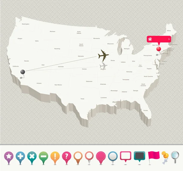 Mapa 3D USA con Pins Ilustración De Stock