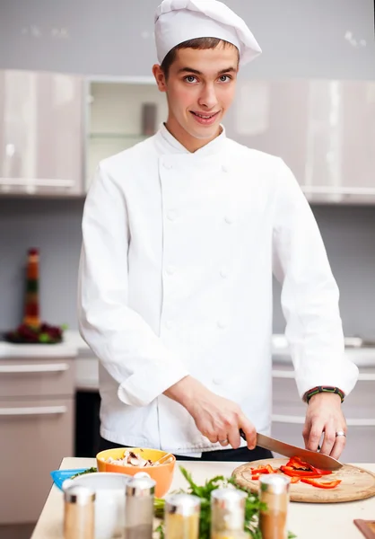 Retrato de inteligente chef preparando comida deliciosa para el cliente — Stockfoto