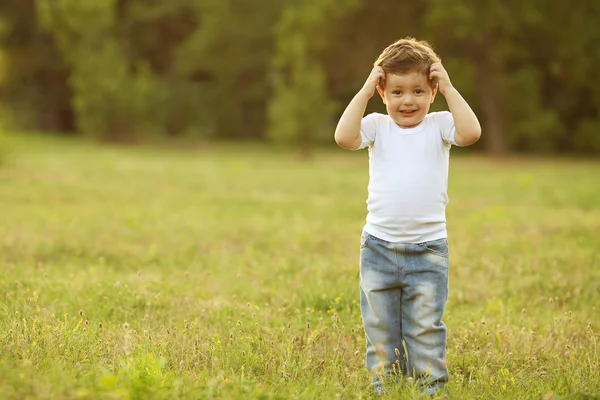 Baby boy standing in the meadow — Stock Photo, Image