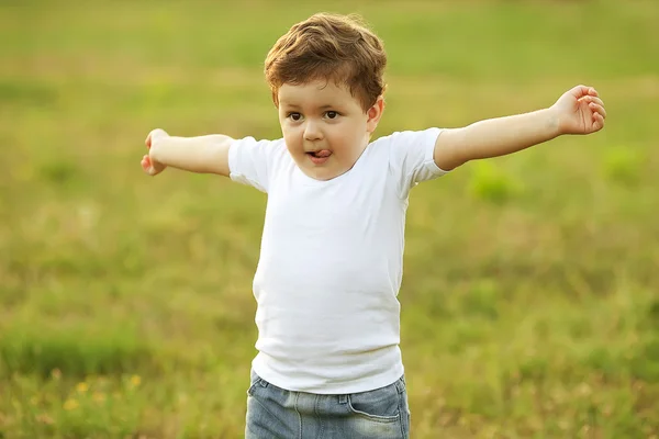 Baby boy standing in the meadow — Stock Photo, Image