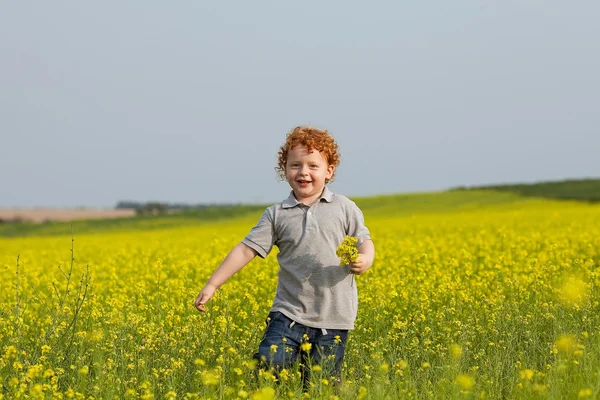 Stylish baby boy having fun outside in the field — Stock Photo, Image