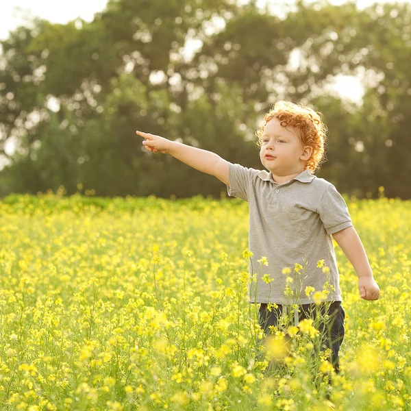 Elegante menino se divertindo lá fora no campo — Fotografia de Stock