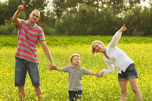 Lyckliga familjen ha roligt i fältet av solrosor. pappa kramar sin son. — Stockfoto