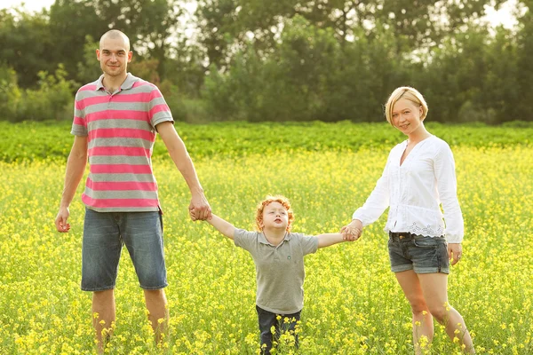 Lyckliga familjen ha roligt i fältet av solrosor. pappa kramar sin son. — Stockfoto