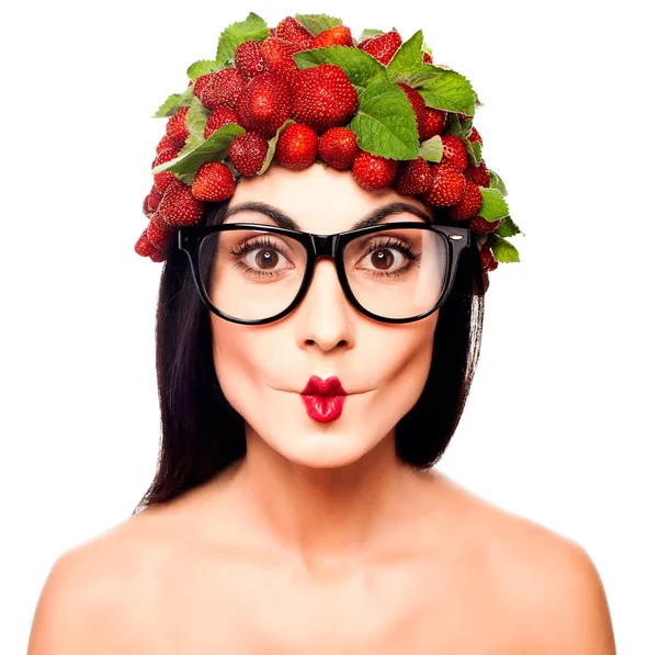 Fun woman with strawberry — Stock Photo, Image