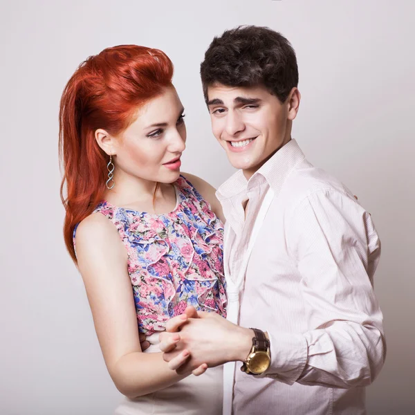 Portrait of happy fashion couple , girl is looking at her man wi — Stock Photo, Image