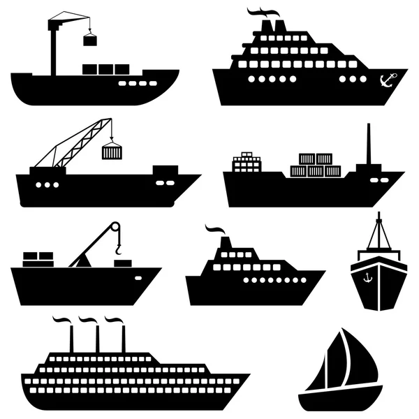 Ícones de navios, barcos, carga, logística e transporte — Vetor de Stock
