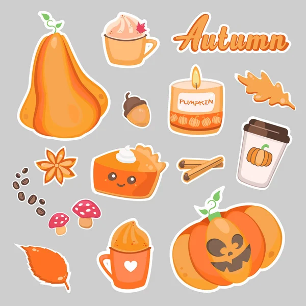 Set Autumn Stickers Cute Season Pictures Pumpkin Pumpkin Pie Latte — Vetor de Stock
