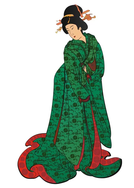 Japansk kvinna i en grön kimono — Stock vektor