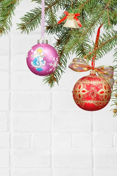 Branches Fir Tree Toy Balls Bell Other Christmas Ornament White — Stock Photo, Image