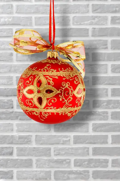 Red Christmas Ball Ribbon Wall Background Christmas New Year Concept — Stock Photo, Image