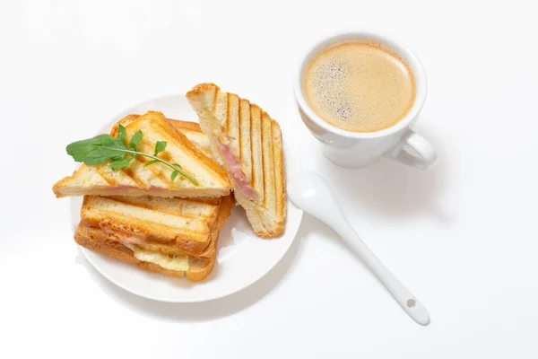 Домашній Бутерброд Сиром Грилі Сніданку Тарілці Чашка Кави Ложкою Вид — стокове фото