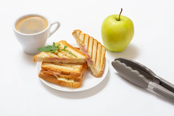 Homemade Grilled Cheese Sandwich Breakfast Plate Cup Coffee Kitchen Tongs — Stock Photo, Image