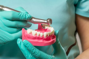 Yüksek hızlı dişçi çantası ve diş hekiminin elinde insan çenesi tasarımı var. Diş tedavisi için diş aletleri.