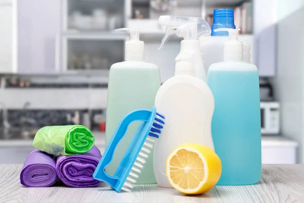 Botellas Plástico Lavavajillas Limpiador Vidrio Baldosas Detergente Para Hornos Microondas —  Fotos de Stock