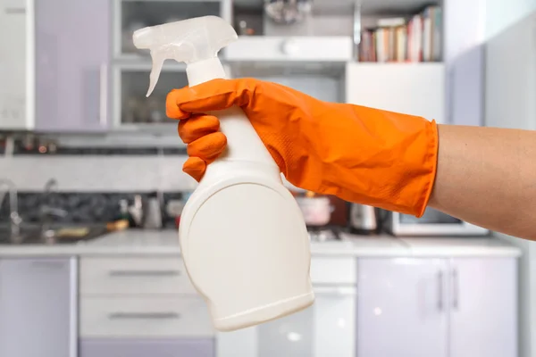 Woman Hand Orange Protective Glove Bottle Glass Cleaning Liquid Kitchen — Stock Photo, Image