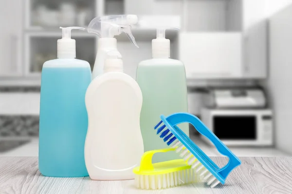 Botellas Plástico Lavavajillas Líquido Vidrio Azulejo Limpiador Detergente Para Hornos —  Fotos de Stock