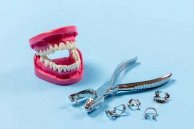 Mavi arka planda diş delici yumruk ve kıskaçla insan çenesinin yapısı. Tıbbi araçlar konsepti.