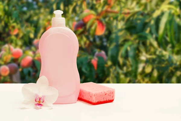 Bottle Dishwashing Liquid Sponge Bud Orchid Flower Peach Tree Background — Stock fotografie