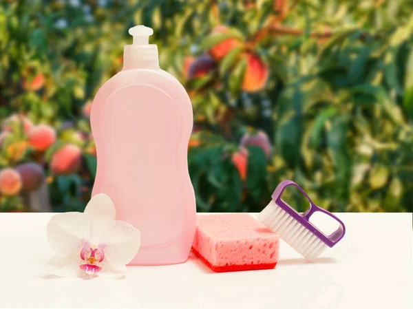 Bottle of washing liquid, a sponge and a plastic brush with a peach tree on the background. Washing and cleaning concept.