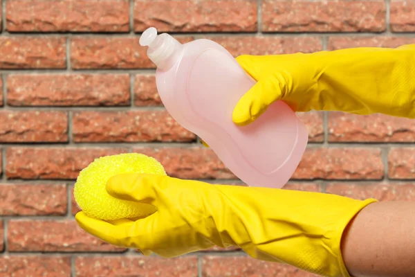 Women Hands Yellow Protective Gloves Bottle Dishwashing Liquid Sponge Brick — Foto de Stock