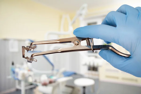 Dentist\'s hand in a latex glove with a rubber dam clamp forceps and a dental clinic on the background. Medical tools concept.