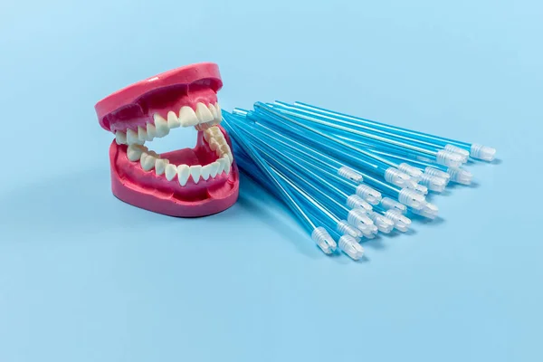 Close-up view of the human jaw layout with saliva ejectors on the blue background.