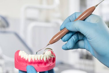 Diş hekimlerinin yakın plan görüntüsü, lateks eldivenli elleri, insan çenesi yapısı ve diş yenileme aleti. Arka planda dişçi ofisi var. Tıbbi araçlar konsepti.