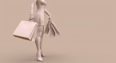 Bej renkli 3D resimli alışveriş konsepti olan bir müşteri