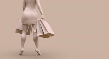 Alışveriş konsepti olan alışverişçi bej renkli 3d illüstrasyon