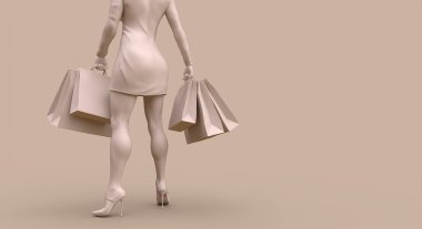 Alışveriş konsepti olan alışverişçi bej renkli 3d illüstrasyon
