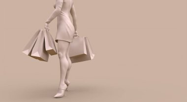 Alışveriş konsepti olan alışverişçi bej renkli 3d illüstrasyon