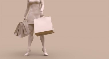 Alışveriş konsepti olan alışverişçi bej renkli 3d illüstrasyon