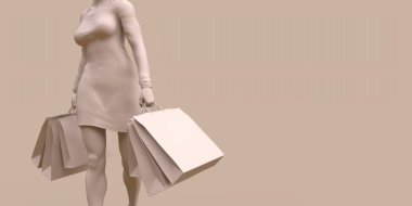 Alışveriş konsepti olan alışverişçi bej renkli 3d illüstrasyon