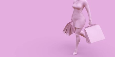 Alışveriş konsepti olan alışveriş uzmanı pembe renkli 3D illüstrasyon