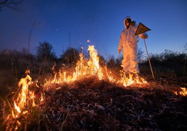 İtfaiyeci ekolojist, orman yangınıyla mücadele ediyor..