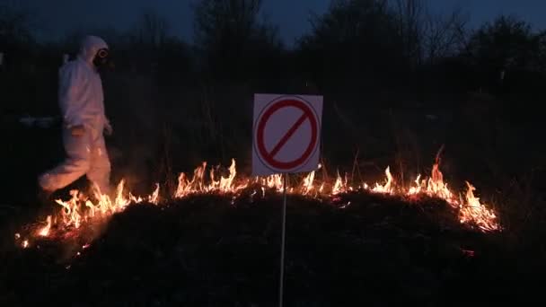 들에서 산불을 피해 일하는 소방관 생태 학자. — 비디오