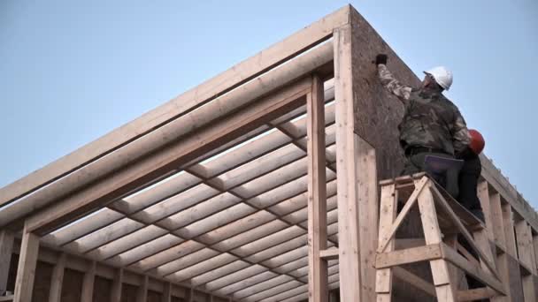Carpenter hammering nail into OSB panel while building wooden frame house. — Vídeo de Stock