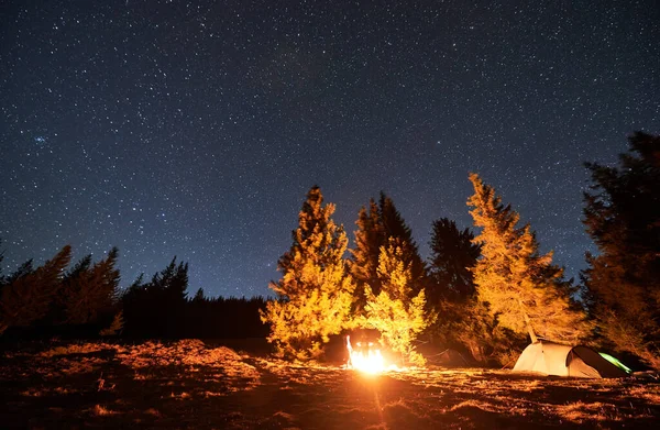 Team von Freunden rastet auf einem Hügel am Lagerfeuer unter dem Sternenhimmel aus. — Stockfoto