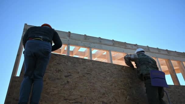 Stolarze Montują Drewnianą Płytę Osb Ścianie Przyszłego Domku Mężczyźni Budują — Wideo stockowe