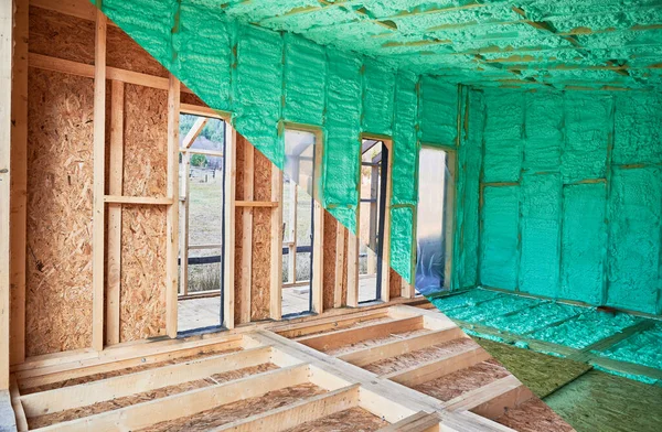 Photo Collage Thermal Insulation Room Wooden Frame House Scandinavian Style — Stock Photo, Image