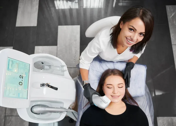 Top View Beautician Doing Special Procedure Improvements Skin Young Attractive — Stock Photo, Image