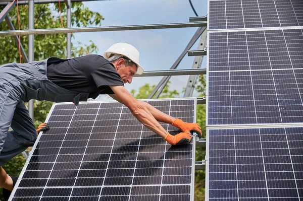 Cropped View Man Solar Installer Placing Solar Module Metal Rails — Stock Photo, Image