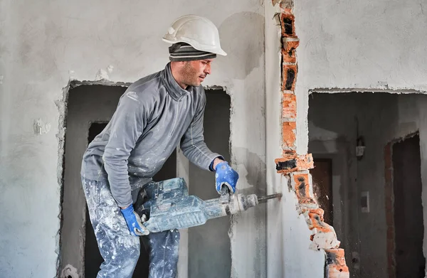 Side View Male Professional Demolition Walls Construction Helmet Using Perforator — Stock Fotó