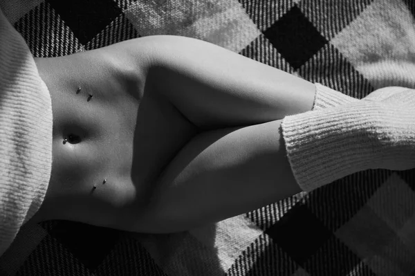 Cropped View Unrecognizable Young Naked Woman Bed Black White Image —  Fotos de Stock